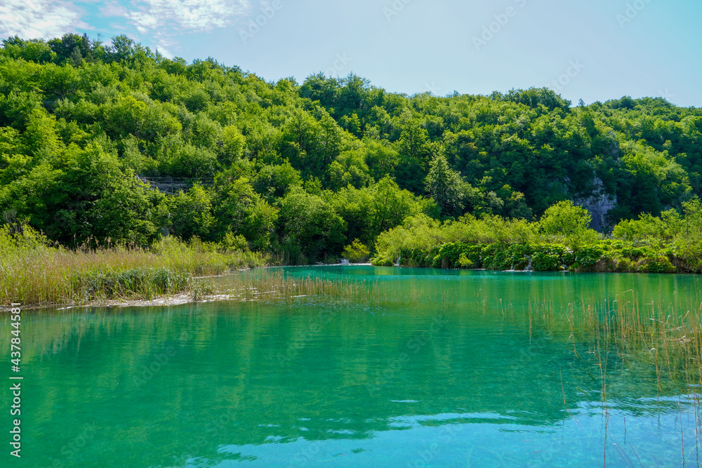 Landscape of Plitvice Lake National Park, view of its crystal water
