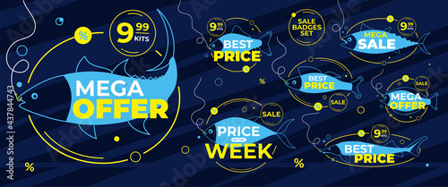 Sale baners set for advertising offers design, online stores, promotions for the sale of fishing tackle for classic and sport fishing. Catch fish badges for sale and discount.