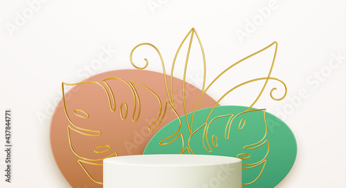 Product podium with golden monstera leaf line art on color shape background. Modern mockup template for advertising. Vector illustration