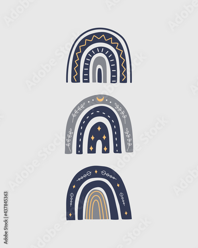 Scandinavian rainbow poster for kids bedroom, arches prints in for nursery. Child vector illustration for cards, postcards and invitations. Hand drawn flat cartoon style, isolated on grey background