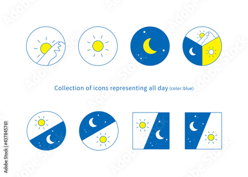 Morning, day and night, morning and night image illustration, icon set 8 types (line drawing, blue)