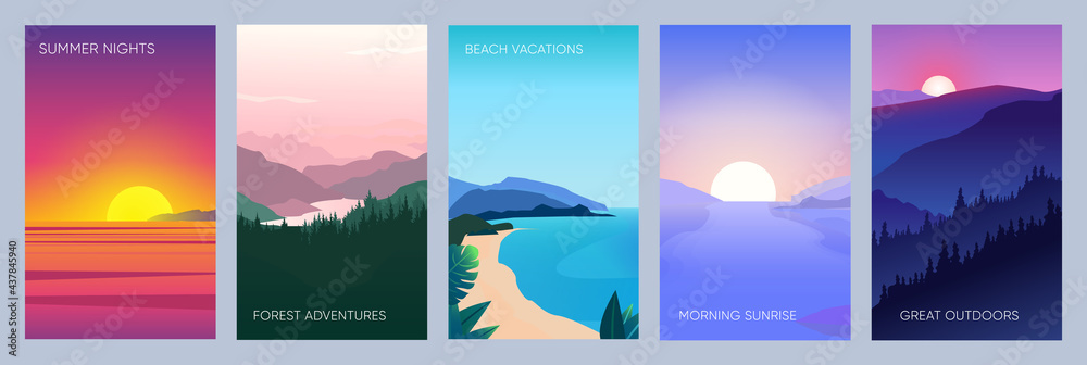 Collection of mountain, river and ocean beach landscapes for banner, web site, social media. Editable vector illustration with summer night and morning beautiful scenery