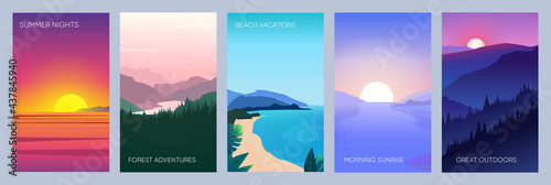 Collection of mountain, river and ocean beach landscapes for banner, web site, social media. Editable vector illustration with summer night and morning beautiful scenery