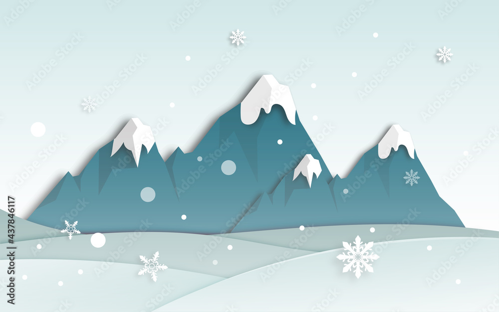 Winter scenery  landscape with snowy mountains, pines trees and hills in paper cut craft style design, vector illustration 
