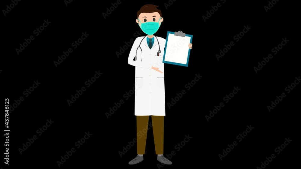 Male doctor showing blank clipboard, illustration animation in Alpha Channel, transparent background Male doctor showing blank clipboard, illustration animation in Alpha Channel, transparent background