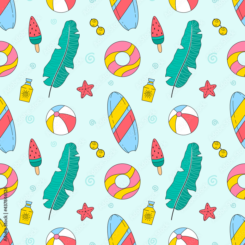 Seamless vector pattern with cute hand drawn summer theme objects and ...