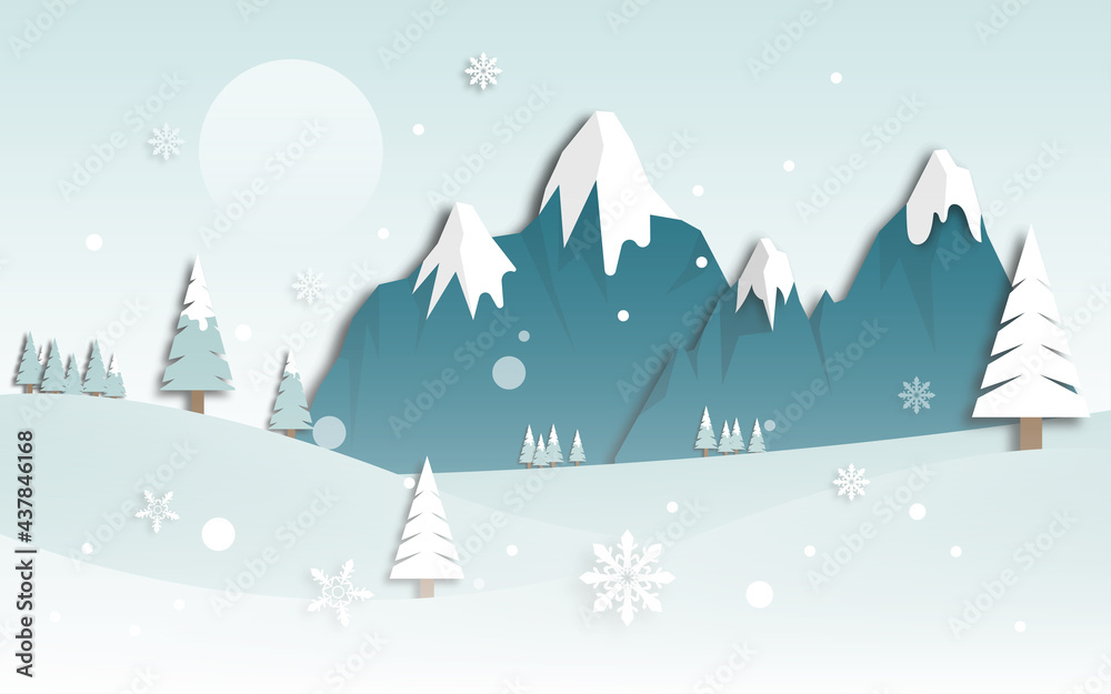 Winter scenery  landscape with snowy mountains, pines trees and hills in paper cut craft style design, vector illustration 
