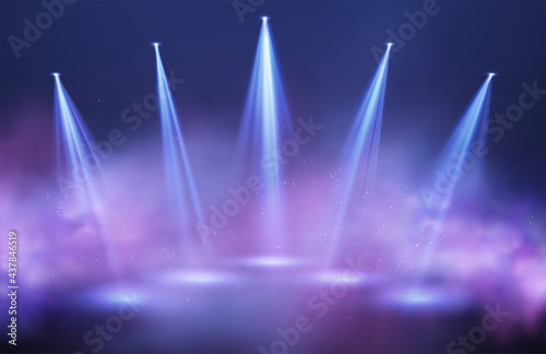Light beams of searchlights in purple and blue puffs of smoke on a black background. Festive background for night show, party, presentation. Vector illustration