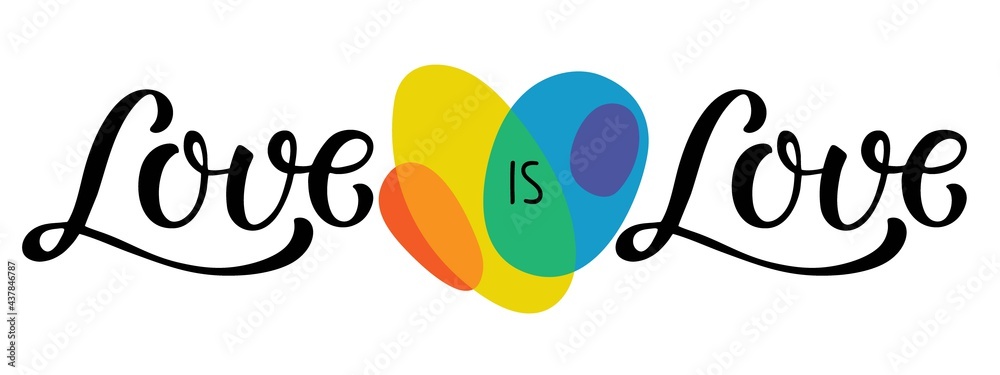LGBTQ community in pride month concept. Love is Love text. Colored typography banner. For Poster, card, event banner design, print, background. Handwritten lettering with LGBTQ colors heart