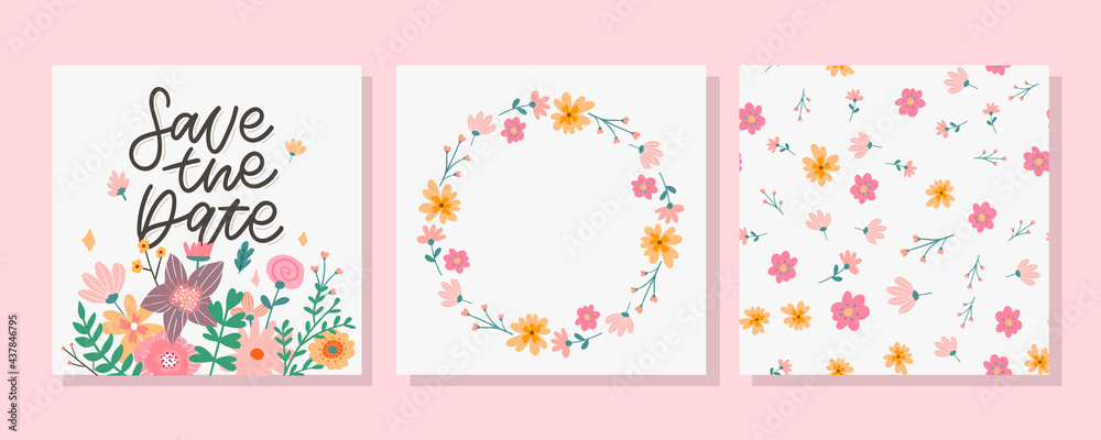 Lovely spring concept card. Awesome flowers and birds made in watercolor technique. Bright romantic card with summer flowers in vector. Charming Save the Date background