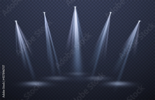 Spotlights light beams isolated on black background. Festive background for night show, party, presentation. Vector illustration photo