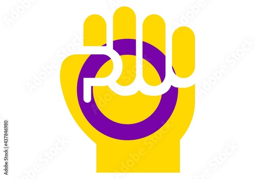 Intersexual en lucha. Puño cerrado con la bandera del colectivo intersexual sobre fondo blanco. Bandera amarilla y morada photo