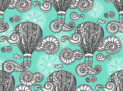Seamless vector pattern with line drawn decorative curly clouds and stylized balloon with basket for travel and romantic dates. Coloring page for adults. Sky, clouds, sun and aircraft