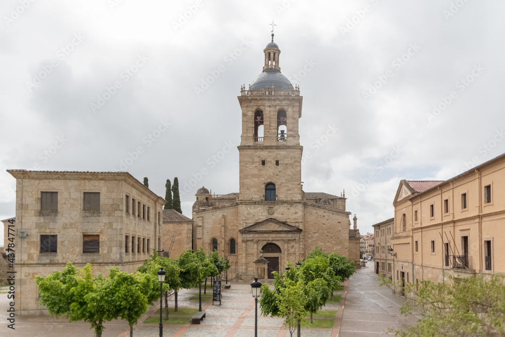 Majestic front view at the iconic spanish Romanesque architecture building at the Catedral Santa Maria de Ciudad Rodrigo towers and domes