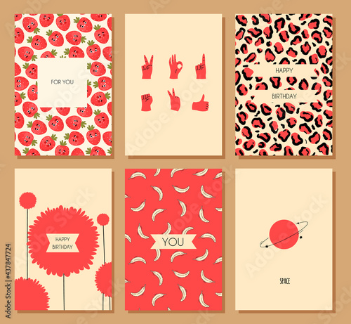 Birthday card with cute flowers in modern trendy flat style. Vector stock illustration