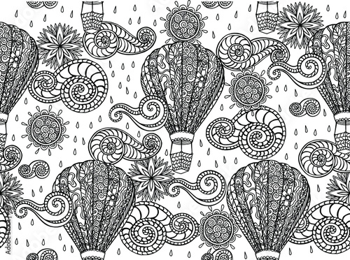 Seamless vector pattern with line drawn decorative curly clouds and stylized balloon with basket for travel and romantic dates. Coloring page for adults. Sky  clouds  sun and aircraft