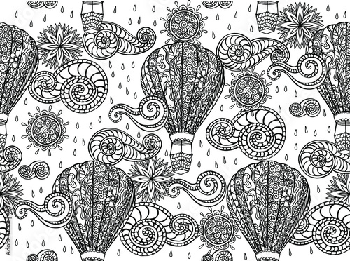 Seamless vector pattern with line drawn decorative curly clouds and stylized balloon with basket for travel and romantic dates. Coloring page for adults. Sky, clouds, sun and aircraft