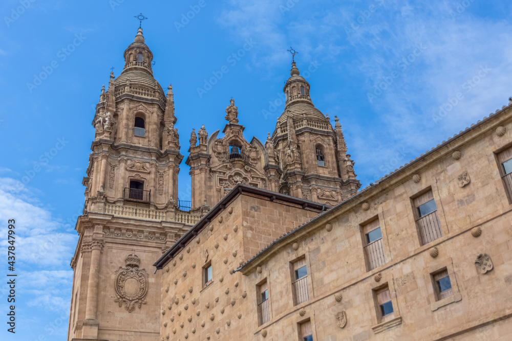 View with Casa de las Conchas lateral facade and baroque iconic facade at the La Clerecia building, Pontifical university at Salamanca, Universidad Pontificia de Salamanca (UPSA)