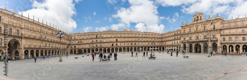 Panoramic view at the baroque public plaza, 18th century, Plaza Mayor in Salamanca downtown city, tourist people visiting photo