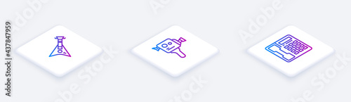 Set Isometric line Electric bass guitar, Retro cinema camera and Telephone handset. White square button. Vector