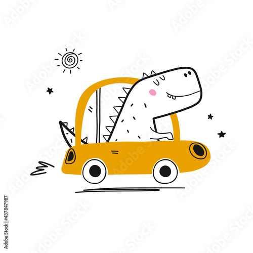 Dinosaur on yellow car
