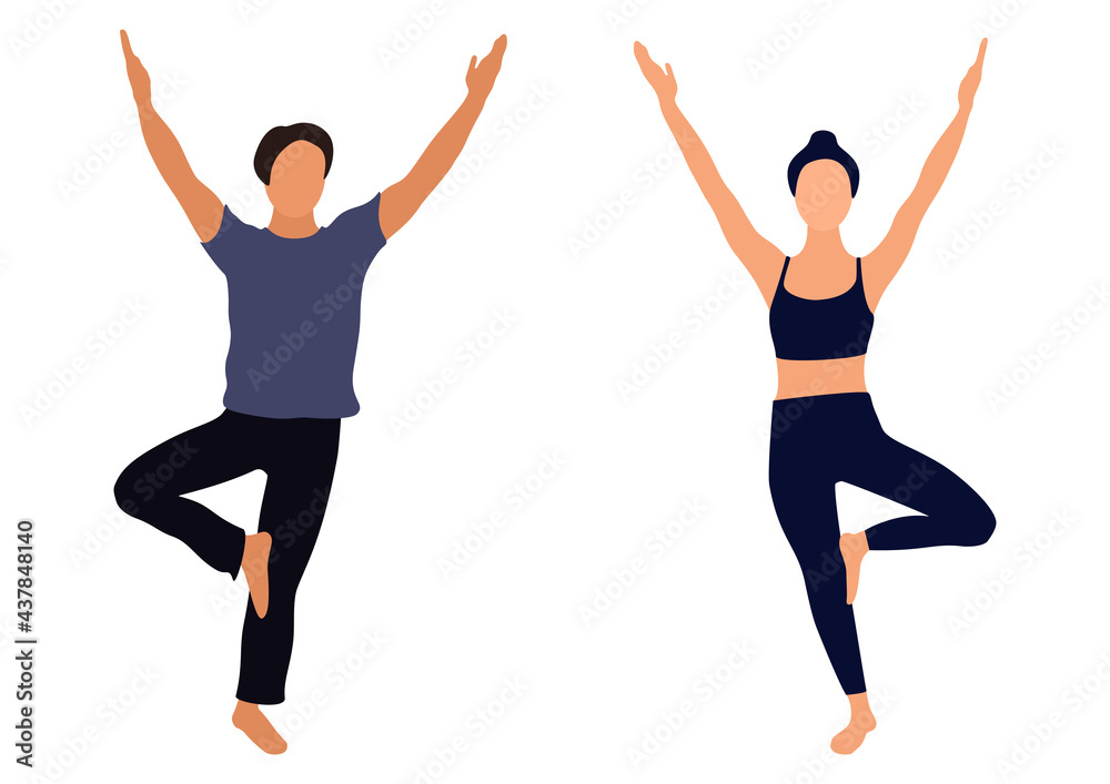 Faceless image of a girl and a young man doing yoga or fitness. Vector illustration.