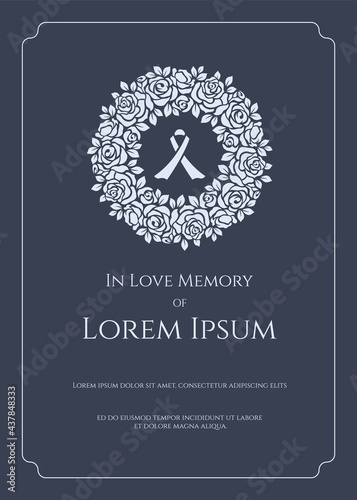 Funeral card banner - white ribbon sign in circle white rose wreath and text on dark blue background vector design