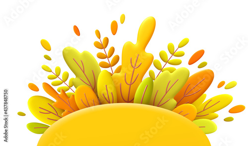 Hello Autumn 3d minimal background with autumn yellow, orange leaves. 3d Fall leaves background for the design of Fall banners, posters, advertisements, cards, sales. Vector illustration
