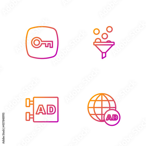 Set line Advertising, , Key and Lead management. Gradient color icons. Vector