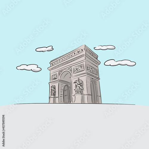 Famous Arc de Triomphe Paris hand drawn with black lines illustration vector