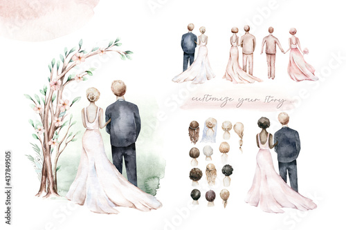 Watercolor couple bride and groom in boho ceremony style wedding Fototapet