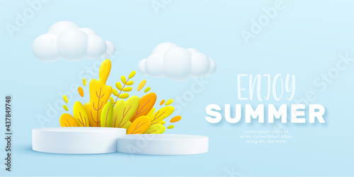 Enjoy Summer 3d realistic background with clouds, grass, leaves and product podium on a pink background. Vector illustration