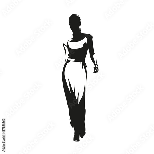 Walking woman in summer dress  catwalk  isolated vector silhouette  ink drawing. Female model  front view
