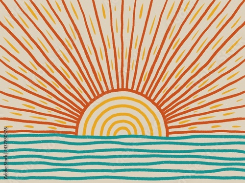 Mid century modern art with sun and sea. Abstract landscape with sunrise or sunset. Hand drawn illustration in Procreate.
