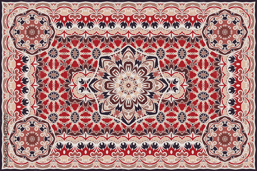 Vintage Arabic pattern. Persian colored carpet. Rich ornament for fabric design, handmade, interior decoration, textiles. Red background.