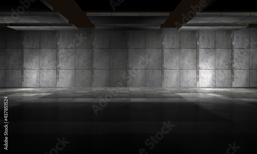 Empty space of parking bricks wall and cement floor on dark background in 3D illustration.