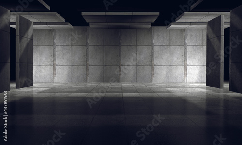 Empty space of parking bricks wall and cement floor on dark background in 3D illustration.