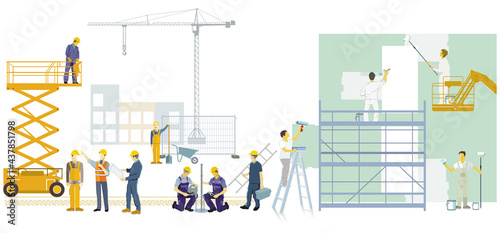 Handwerker und  Bauarbeiter auf der Baustelle, Illustration