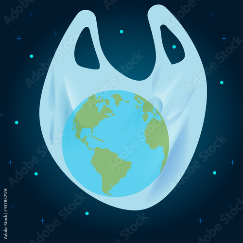International plastic bag free day. Say no to plastic. Go green. Save nature. Save ocean. Earth in plastic bag on cosmic background. Vector banner