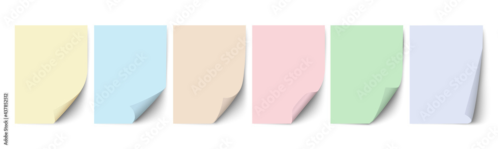 Empty paper sheets, pastel colors sheets of paper with different curled corners and shadow Empty paper sheets, pastel colors sheets of paper with different curled corners and shadow