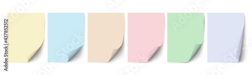 Empty paper sheets, pastel colors sheets of paper with different curled corners and shadow