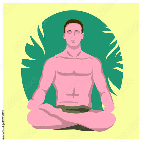 Vector illustration of a meditating man with a nature background. A man in a yoga lotus pose.