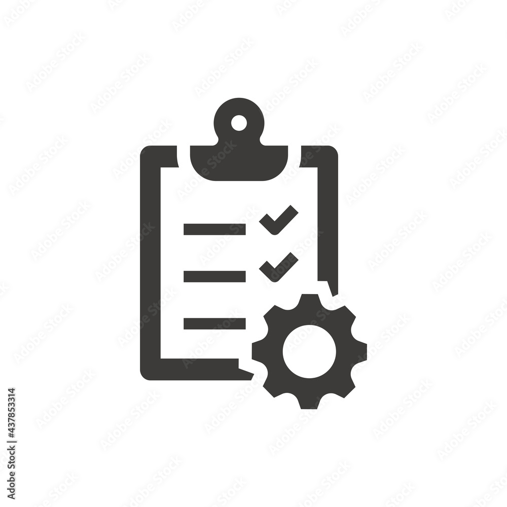 Clipboard checklist with gear cogwheel icon. Document processing symbol. Clipboard checklist with gear cogwheel icon. Document processing symbol.