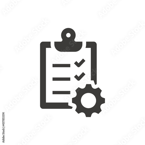 Clipboard checklist with gear cogwheel icon. Document processing symbol.