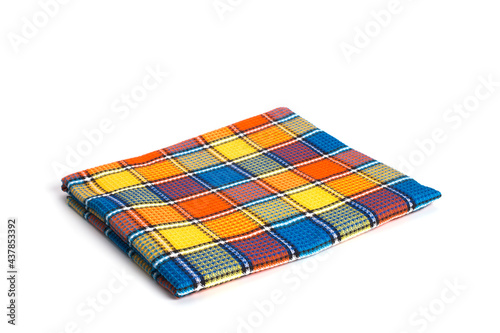 Colored plaid folded fabric isolated, plaid kitchen towel, picnic decoration element.