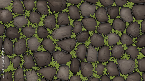 Brown stone wall with green moss. Vector illustration.