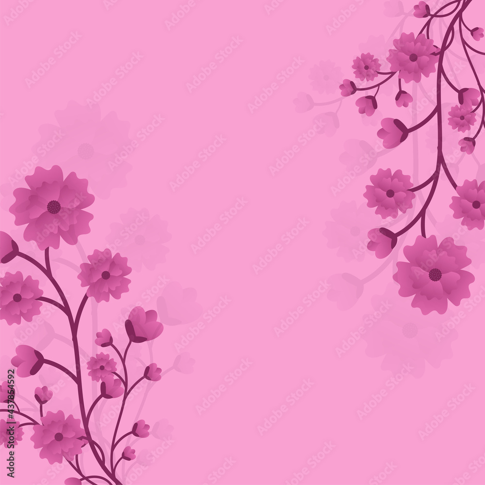 Flower Branches Decorated On Pink Background With Copy Space.