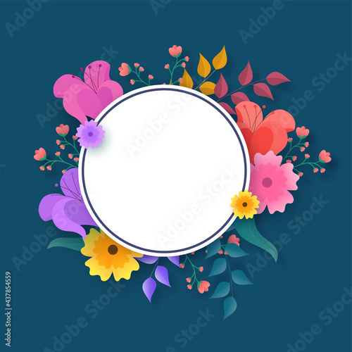 Empty White Circular Frame Decorated With Floral On Blue Background.