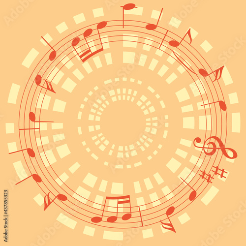 light beige music background with musical notes as round frame  and abstract circles - vector