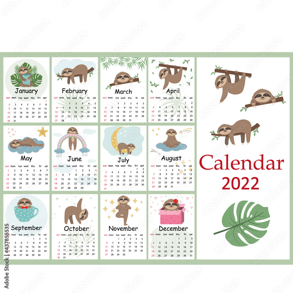 Fototapeta premium Calendar for 2022 cute Sloth characters, color vector illustration